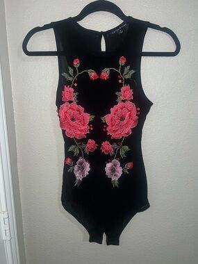 Black Floral Embroidered Sleeveless Bodysuit